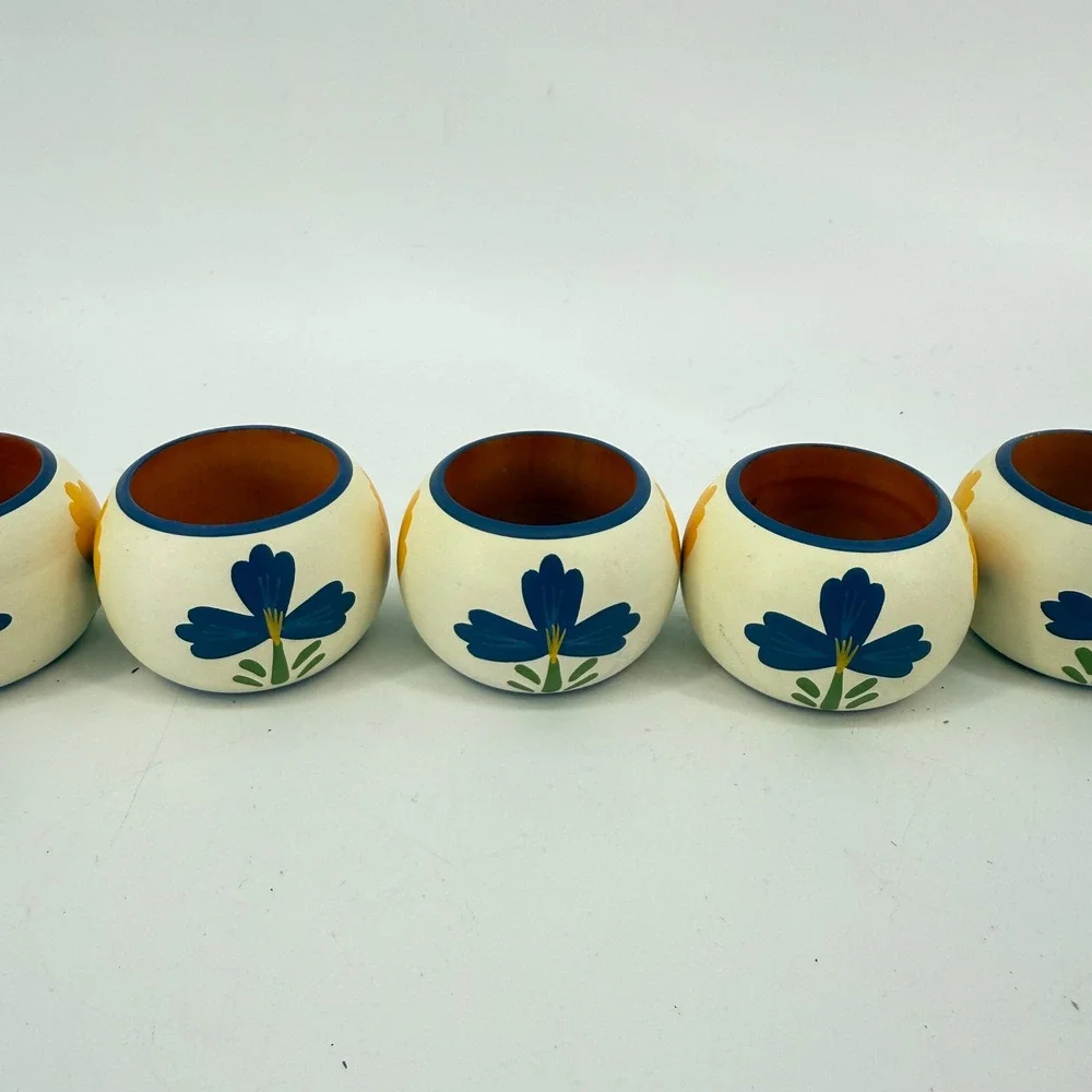 Vintage Floral Napkin Rings Set of 6 Cream Blue Yellow Hand Painted Ceramic